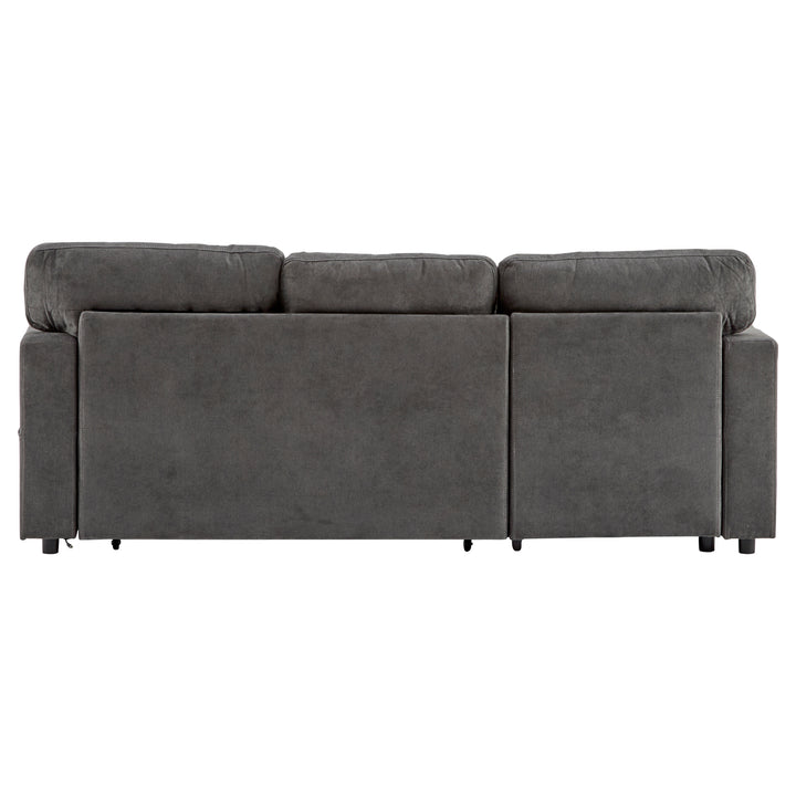 Grey L-shaped corner sofa bed, side shelf with integrated USB and storage VOLATILGAS