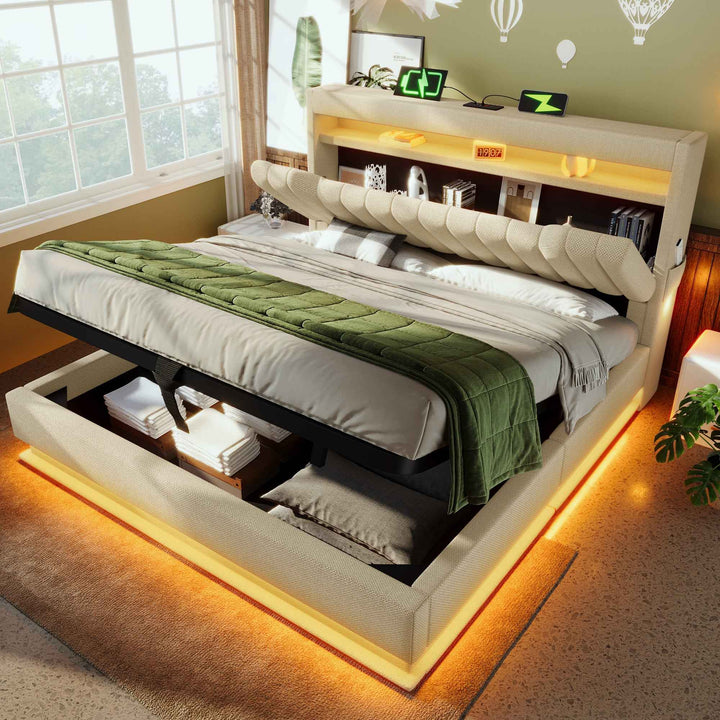 Double Bed Frame 135x190cm Linen Beige with LED Lighting, USB Type-C Charging, Storage Headboard, Hydraulic Lift, Metal Slats, No Mattress