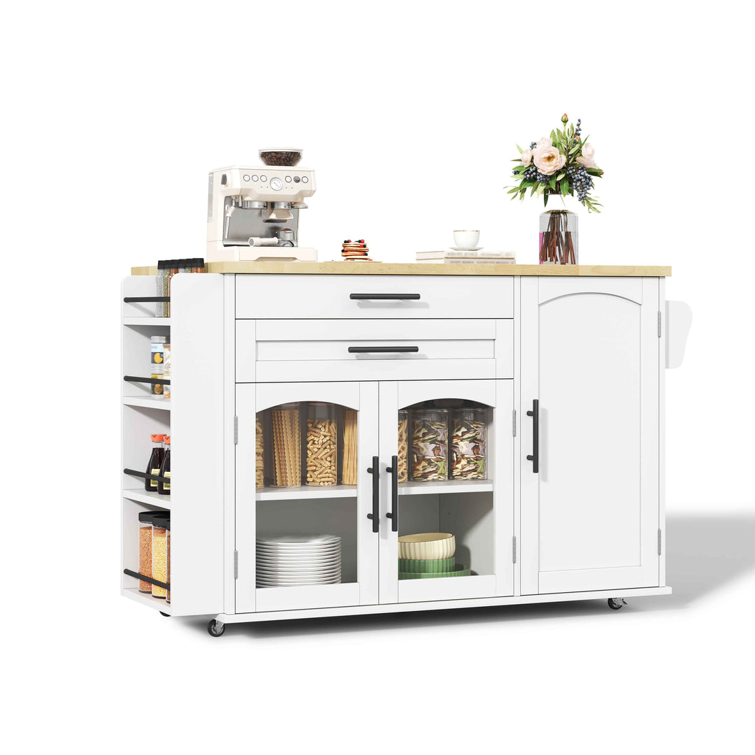 00+Mobile Kitchen Island Trolley White Foldable Worktop, 5 Wheels, Glass Doors, Storage Racks, Cutlery Drawer NOVAOR