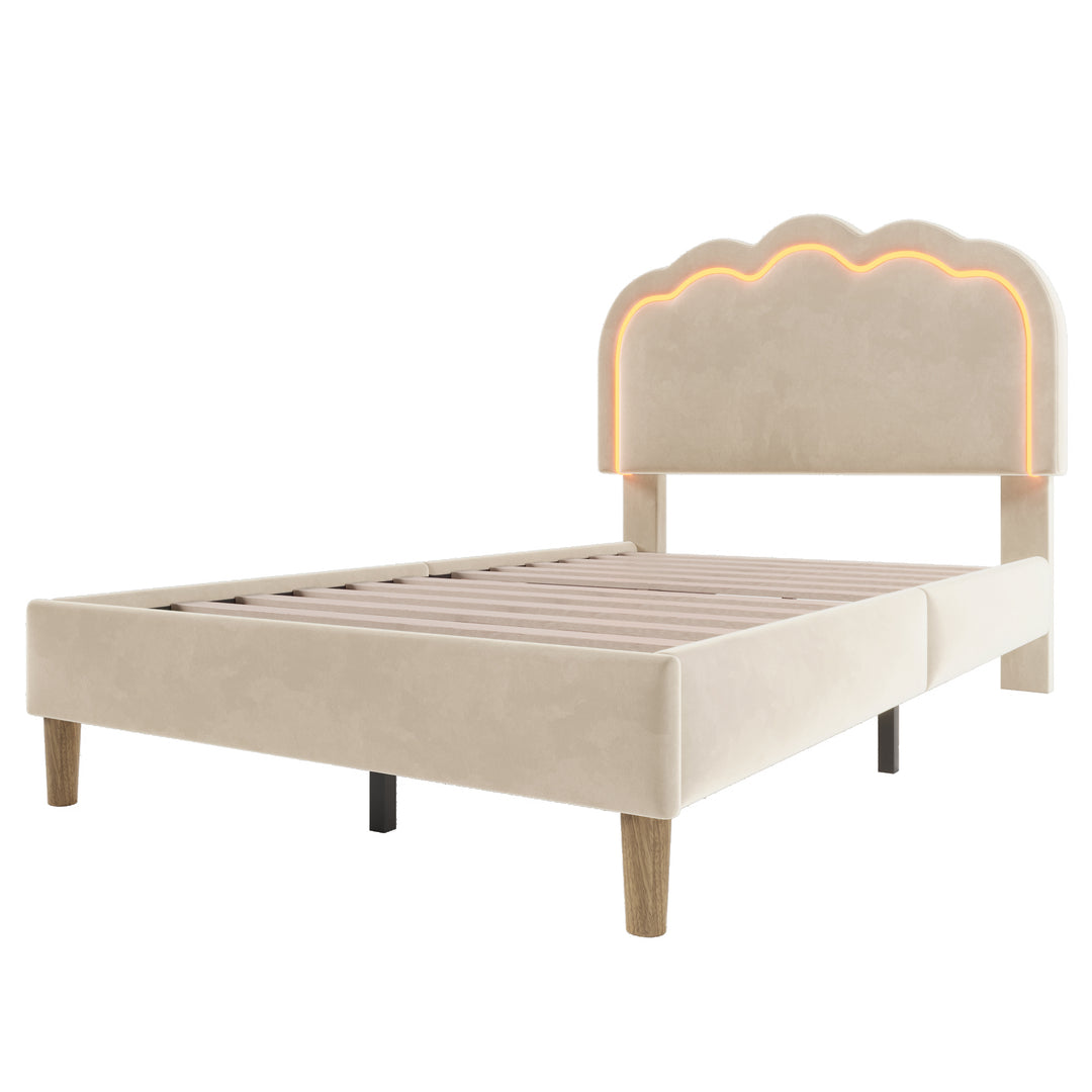 Beige velvet upholstered divan bed frame with LED, headboard height adjustable INDROX BEIGE UK