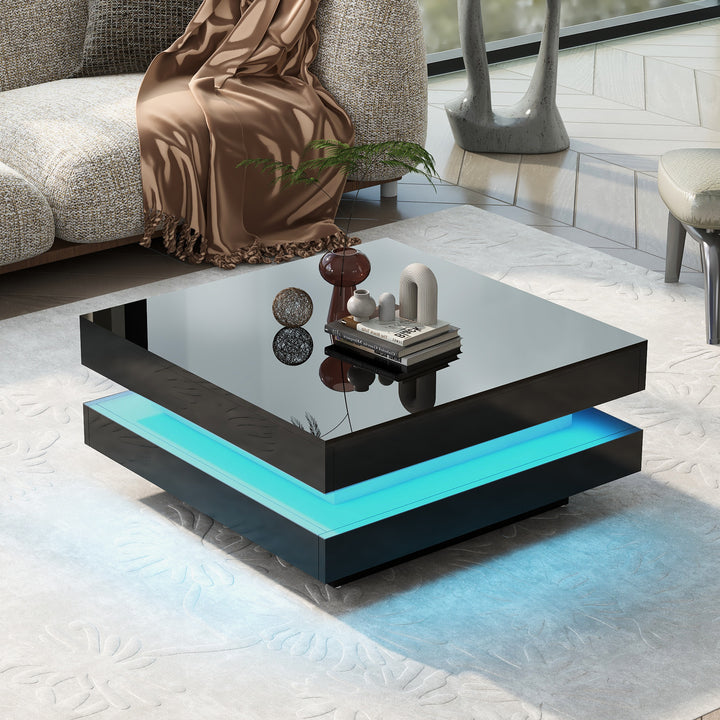 Black high gloss square coffee table with 360° rotating top LED lighting KERATINSCALE