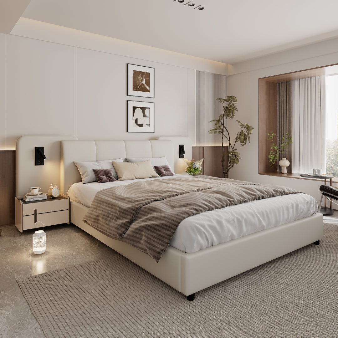Beige upholstered divan double bed with side lamps and charging port 135x190cm UNITOS