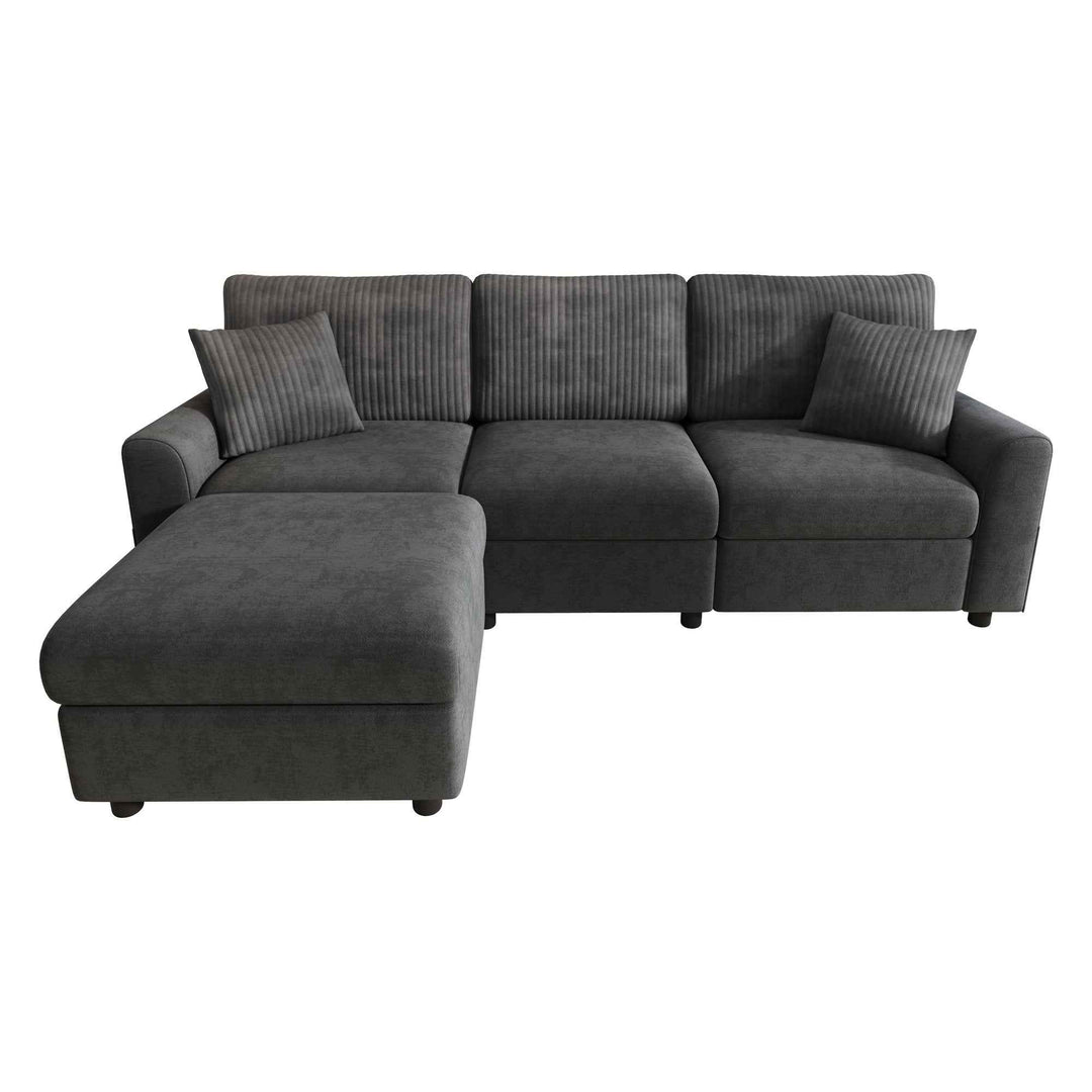 L-shaped corner sofa with ottoman, dark grey chenille 223cm QUADSIDEBOARD