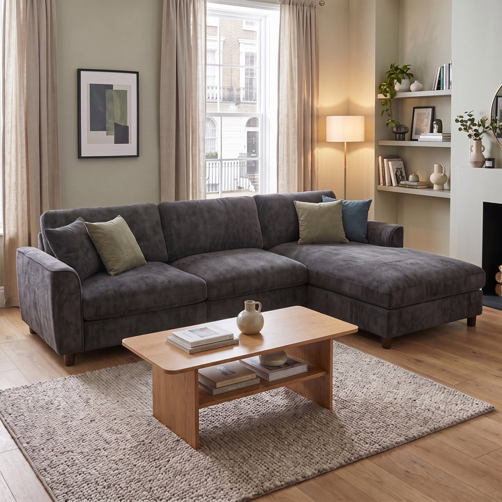 L-shaped 3-seater corner sofa, reversible chaise, chenille dark grey 256cm QUADSOFA