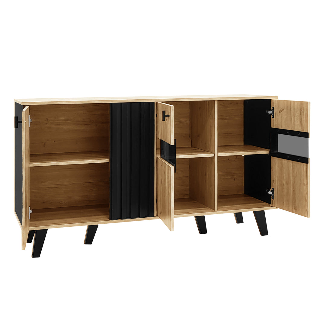 Modern wooden sideboard wood &amp; stripped black with LED lighting APOTHECI