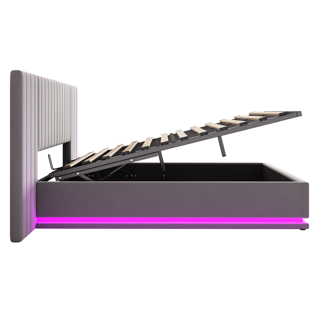 Grey velvet king ottoman bed end opening with LED lighting and charging station (150×200cm) REMEDIAT