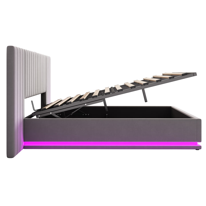 Grey velvet king ottoman bed end opening with LED lighting and charging station (150×200cm) REMEDIAT