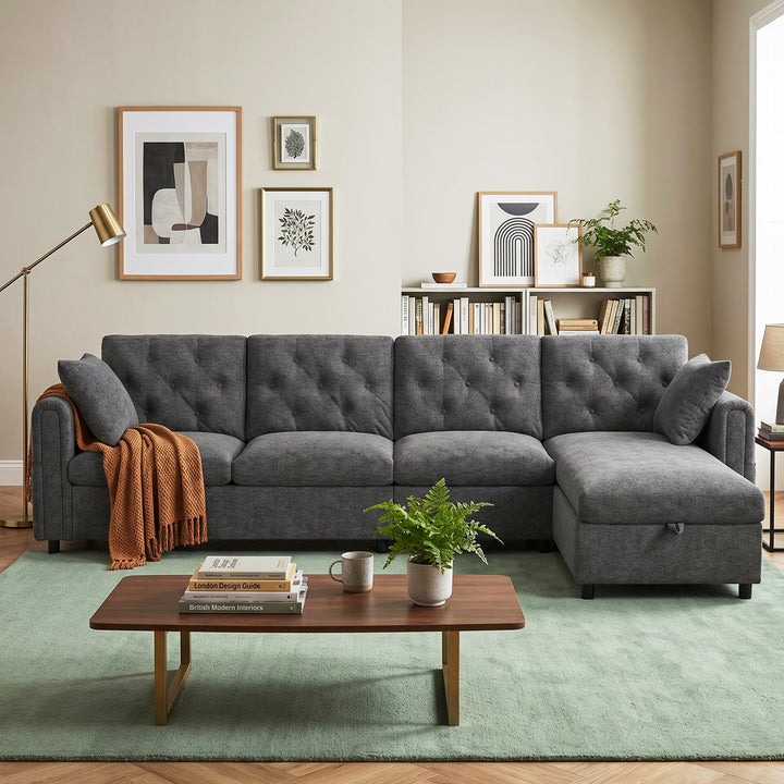 Modern L-shaped 3-seater velvet grey sectional sofa with storage chaise 281x132x86cm ELEGANT STEEL MAX