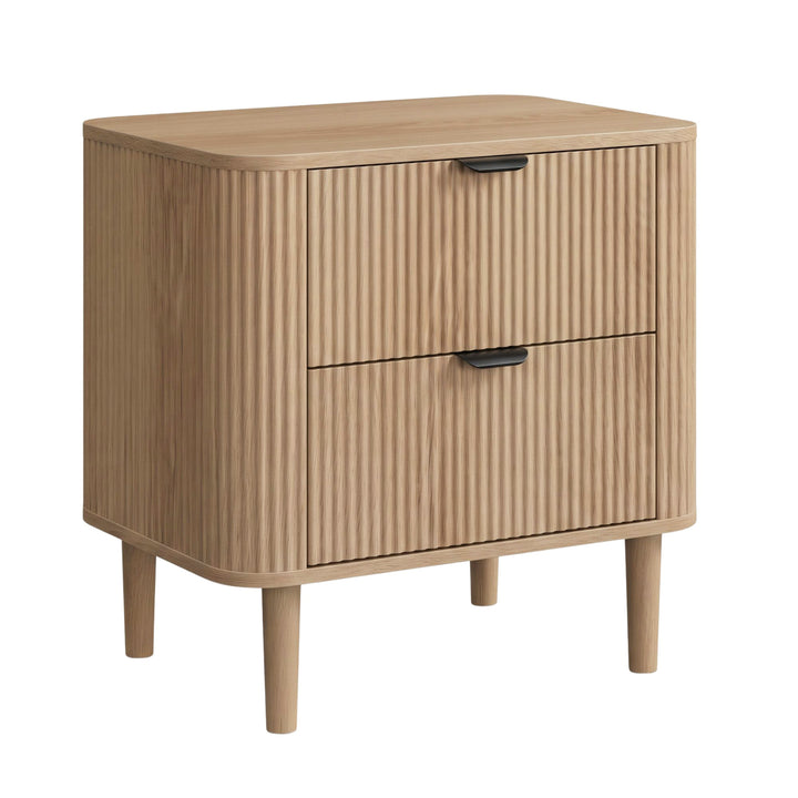 00+Nightstand Bedside Table Oak with Fluted 2-Drawer Storage for Bedroom WOODLINE