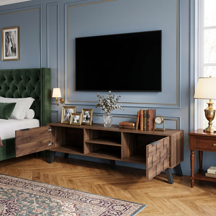 Walnut wooden TV cabinet vintage geometric pattern with 2 doors CONSOLEPRO
