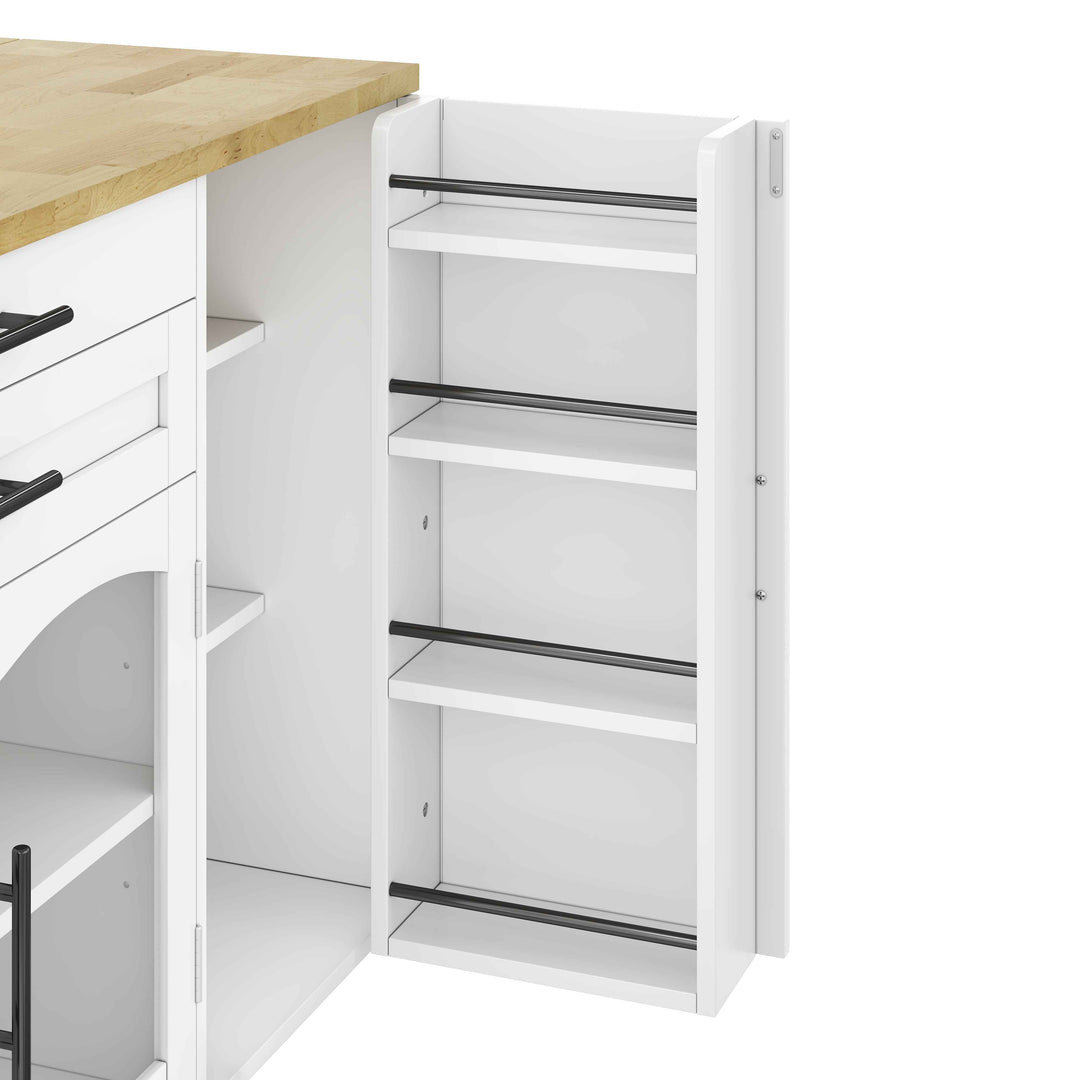 00+Mobile Kitchen Island Trolley White Foldable Worktop, 5 Wheels, Glass Doors, Storage Racks, Cutlery Drawer NOVAOR