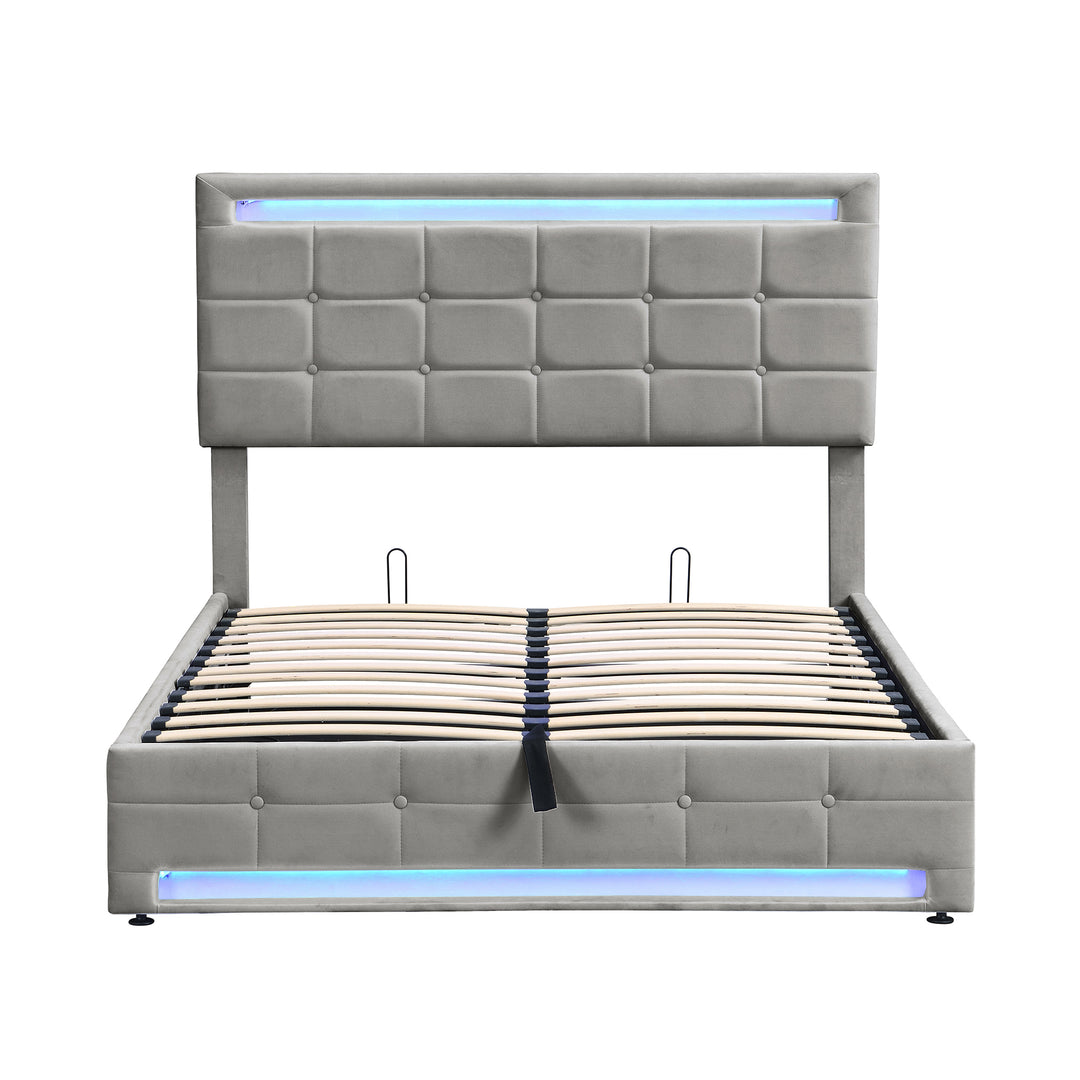 Grey velvet upholstered ottoman double bed with LED lighting (135x190cm) ANHYDROBIO