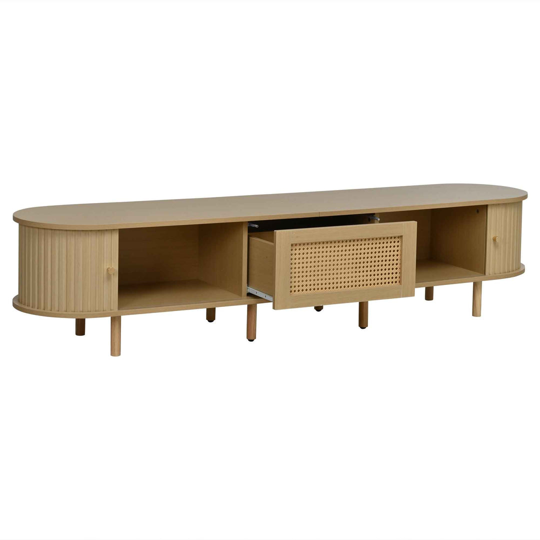 TV stand light wood 1 rattan drawer & 2 sliding doors, rounded corners 180cm