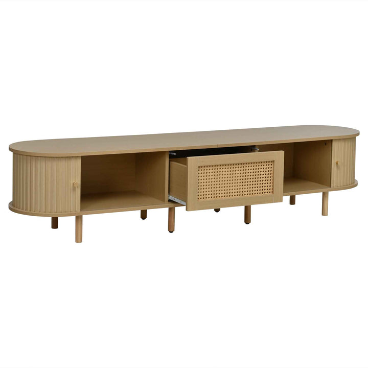 TV stand light wood 1 rattan drawer & 2 sliding doors, rounded corners 180cm