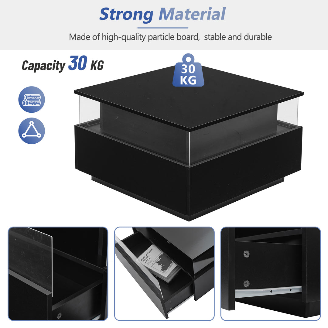 Modern LED light high gloss black square coffee table with 2 drawers THERAPY