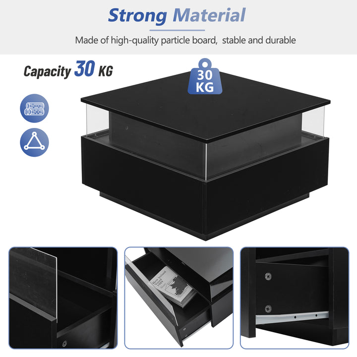 Modern LED light high gloss black square coffee table with 2 drawers THERAPY