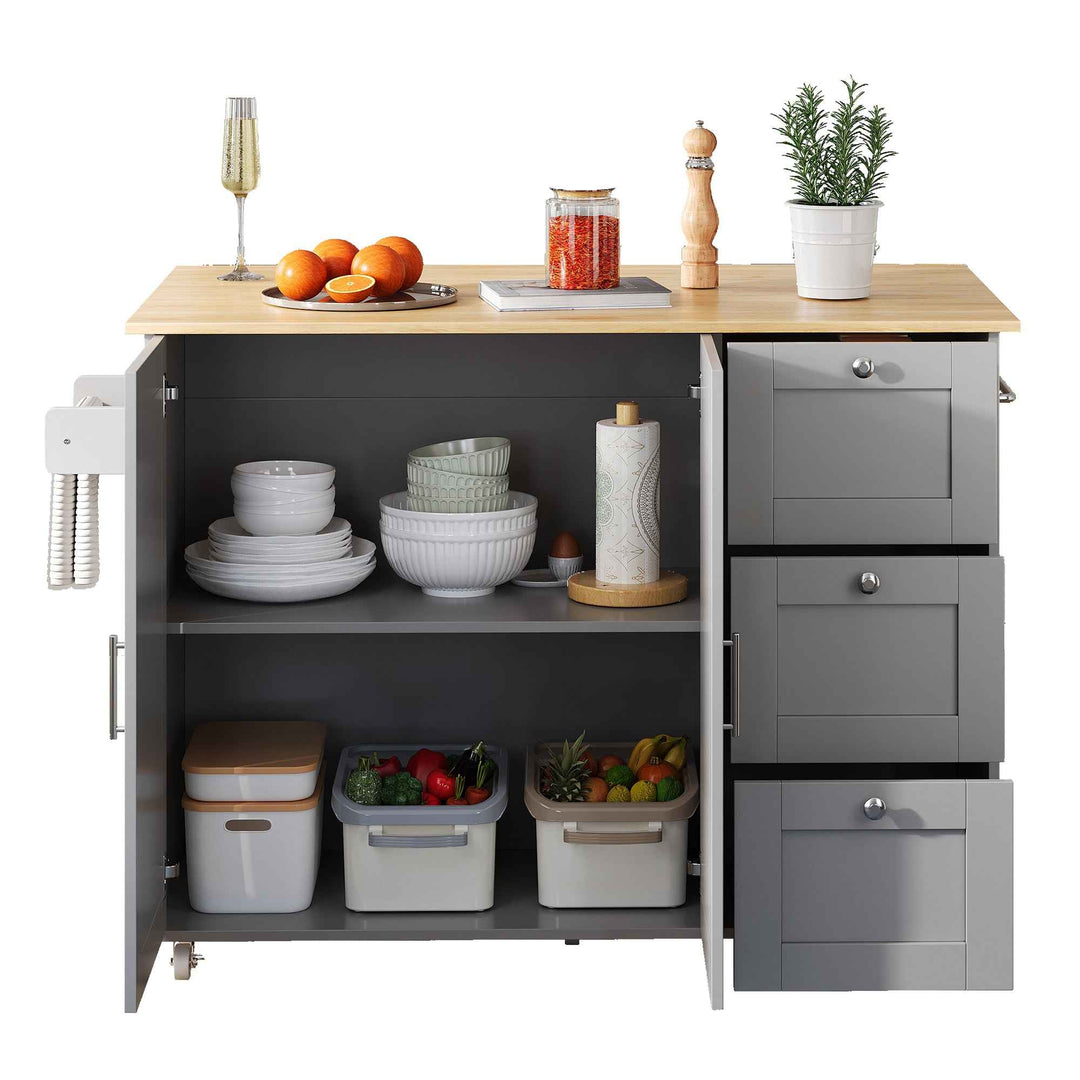 00+Kitchen Island on Wheels Grey Foldable Tabletop, 3 Drawers, 2 Doors, for Dining & Living Room VERTEXRYN