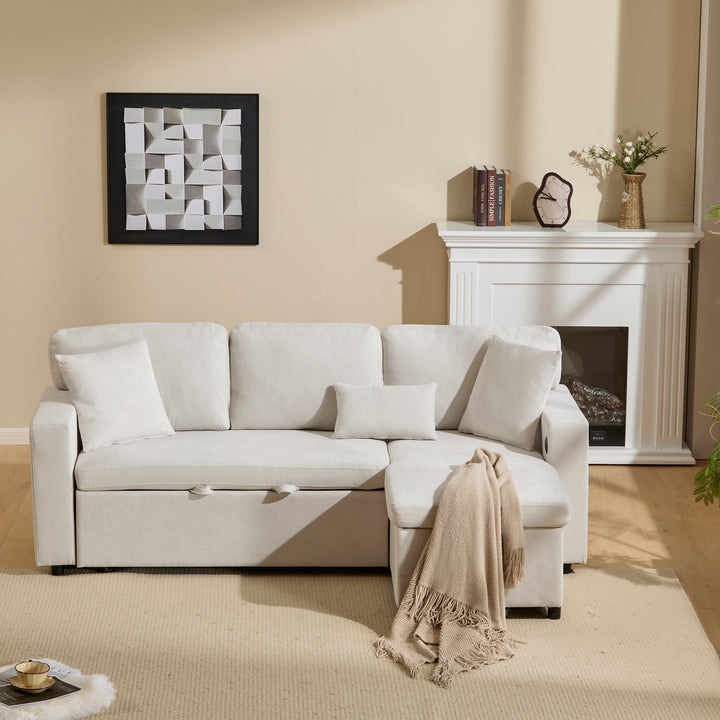 Beige 3-seater corner sofa bed with side shelf and USB ports ANTCOLONY UK
