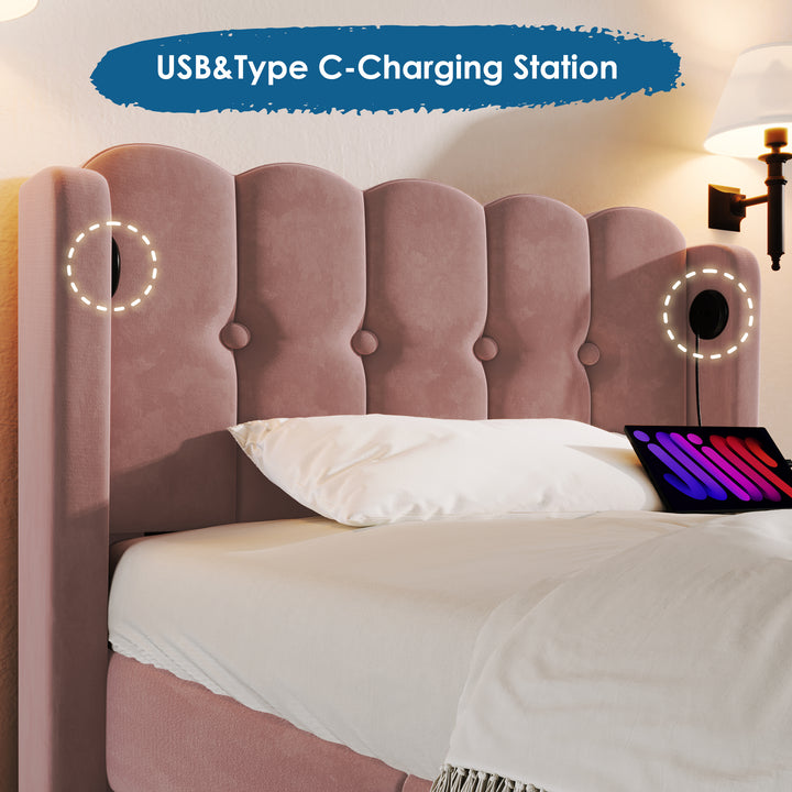 Pink velvet upholstered single divan bed frame with USB charging KRIGIED SINGLE PINK UK
