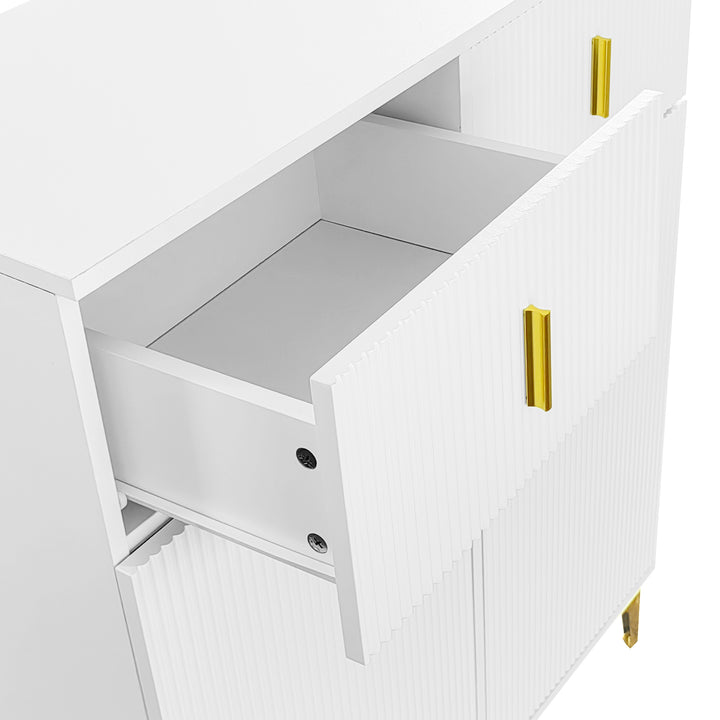White shoe cabinet with textured panels and golden legs FERNCREST UK