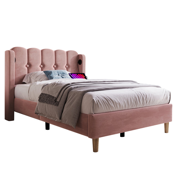 Pink velvet upholstered single divan bed frame with USB charging KRIGIED SINGLE PINK UK
