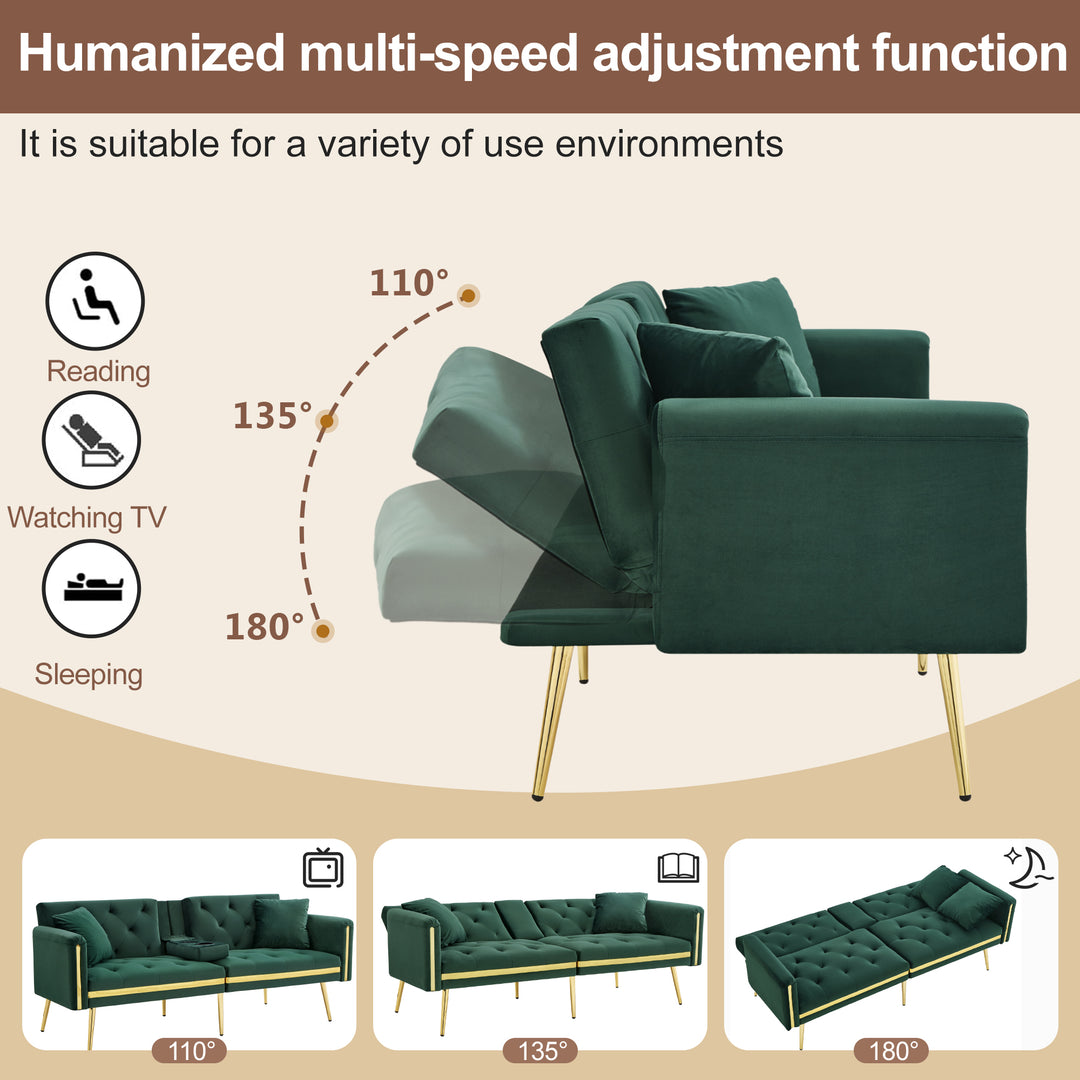 Green tufted velvet 2-seater sofa bed with adjustable backrest and hidden cup holders golden accent HYDROPON