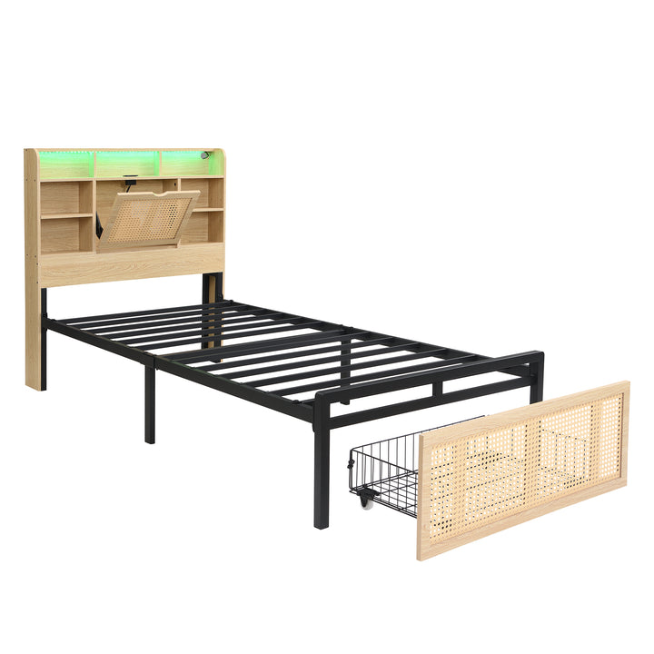 Wooden single bed with headboard storage, rattan drawer and LED lighting (90×190cm) GALLAPHID