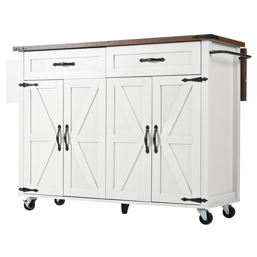 White farmhouse style rolling kitchen island with fold-out top and racks SALTMARSH