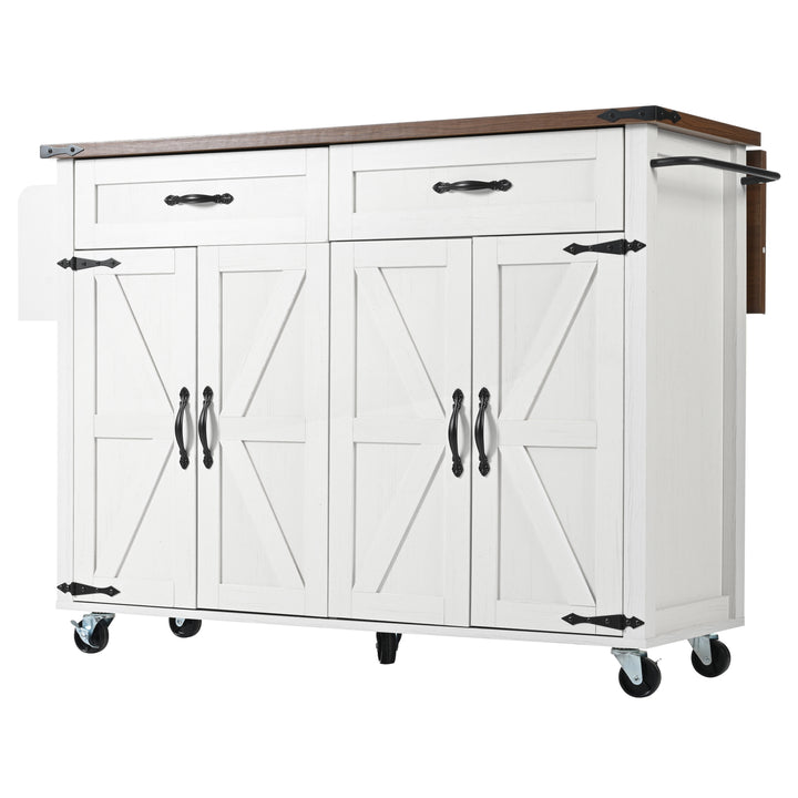 White farmhouse style rolling kitchen island with fold-out top and racks SALTMARSH