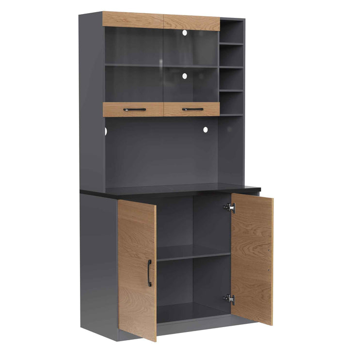 00+Kitchen Tall Cabinet with LED Lighting, Adjustable Shelves, Large Pantry Storage for Microwave VERTEXMORN