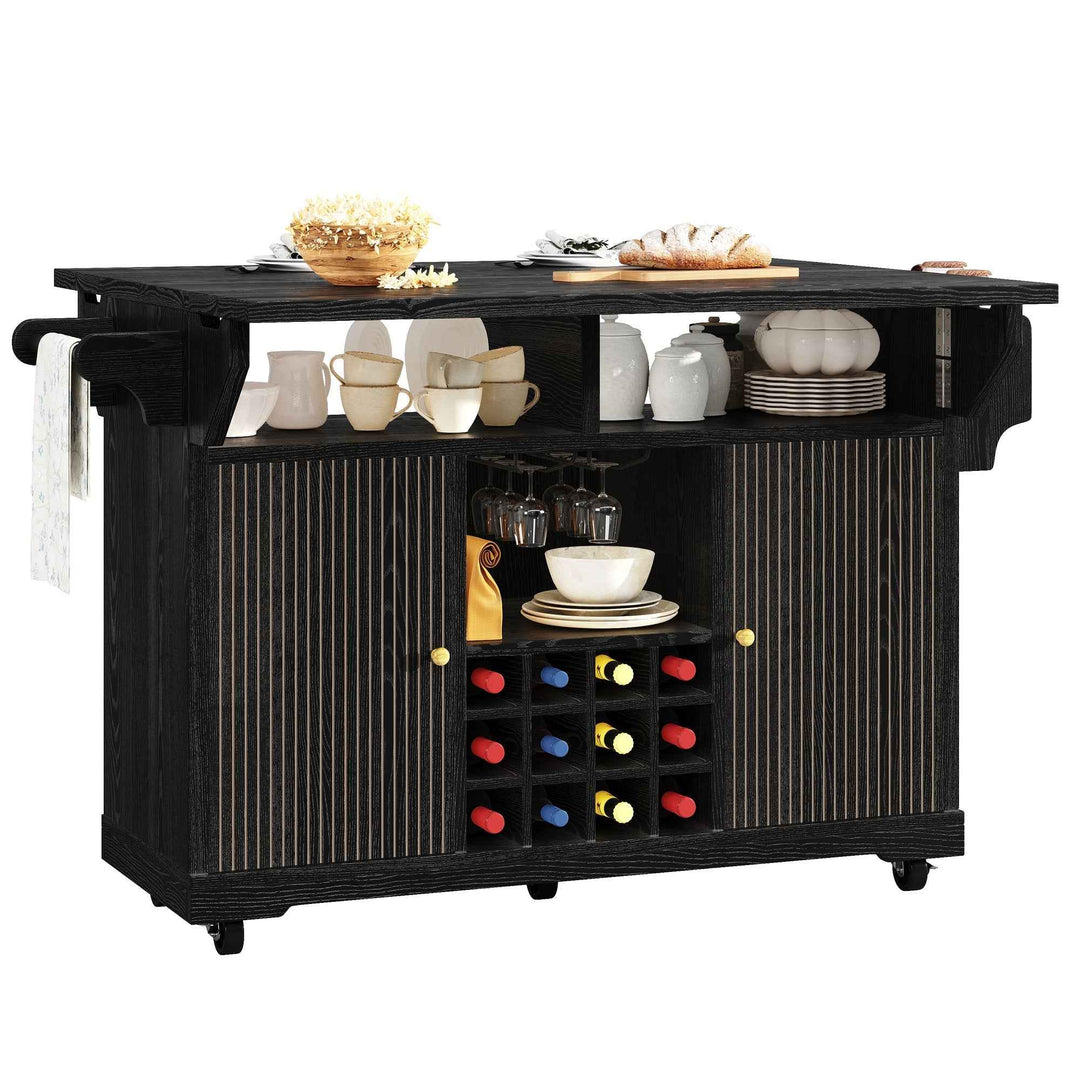 Black kitchen trolley with foldable dining table, wine rack and wheels RACKFLOW