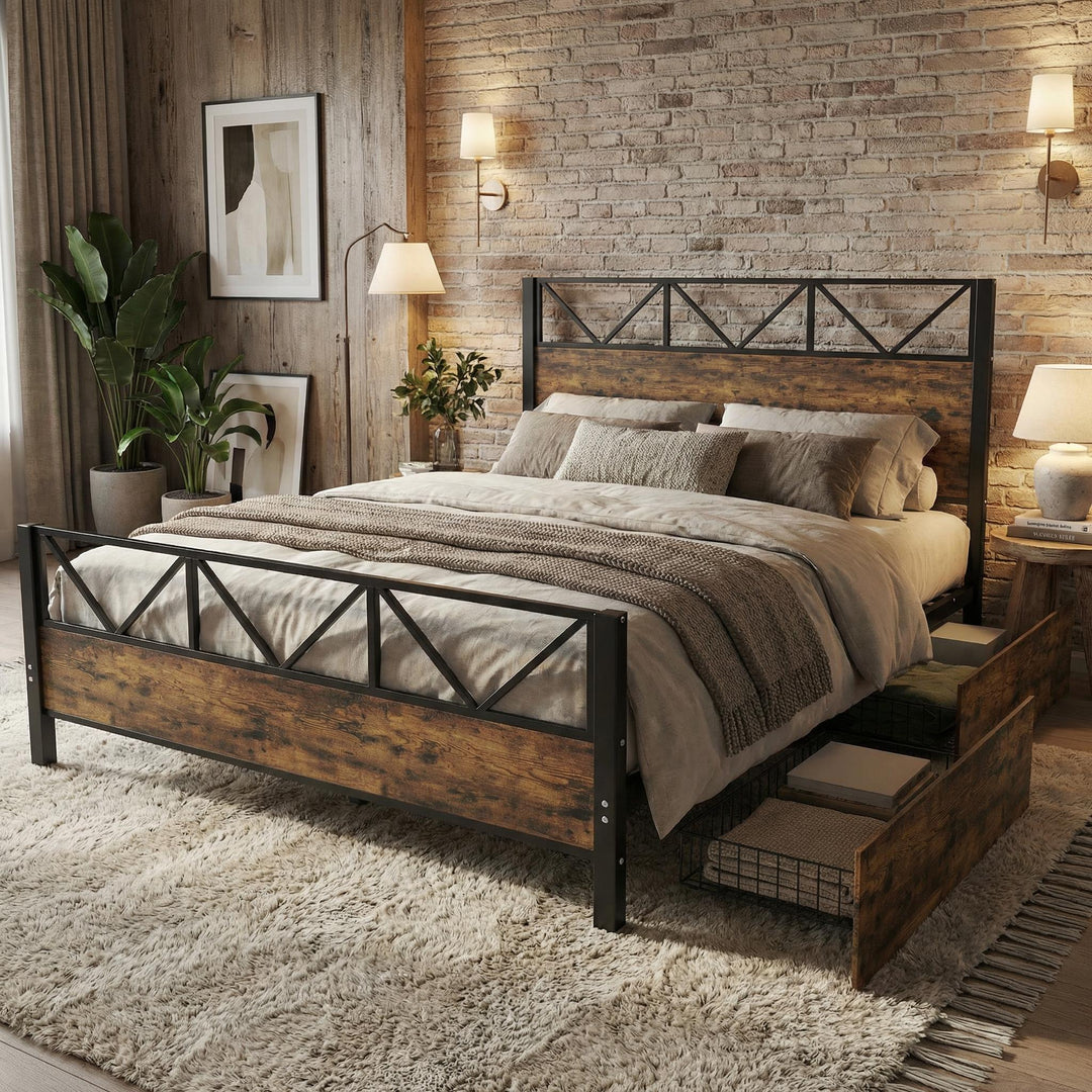 Industrial style double bed frame black wood with 2 storage drawers 135x190cm ELEMENTALIS