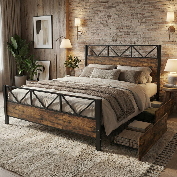 Industrial style double bed frame black wood with 2 storage drawers 135x190cm ELEMENTALIS