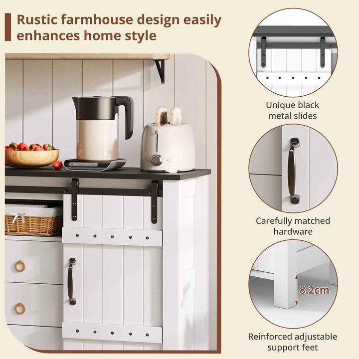 00+Sideboard Cabinet 120cm White with Sliding Doors & 3 Drawers, Rustic Storage Buffet for Kitchen VERTEXLYNX