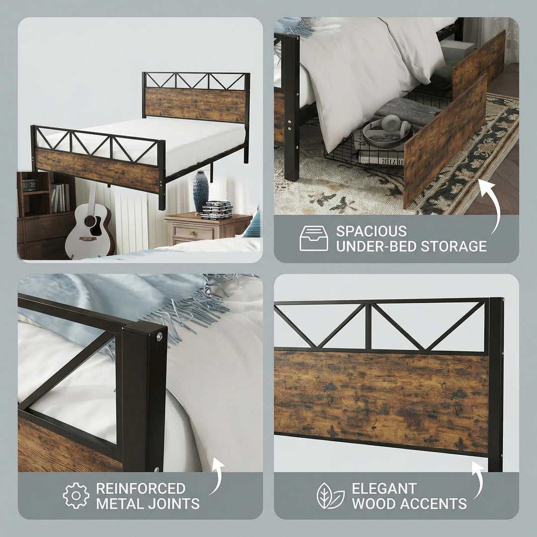 Industrial style double bed frame black wood with 2 storage drawers 135x190cm ELEMENTALIS