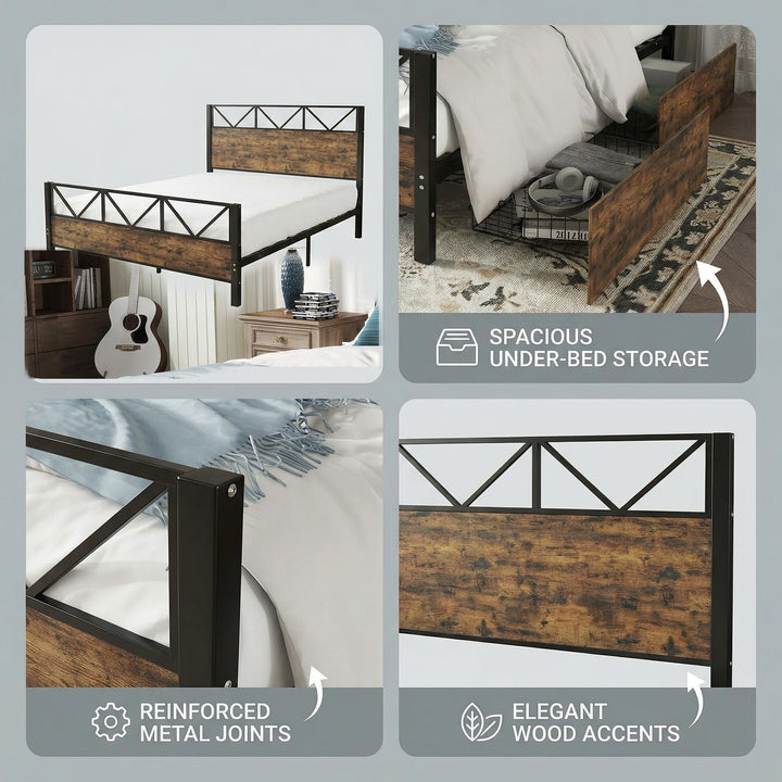 Industrial style double bed frame black wood with 2 storage drawers 135x190cm ELEMENTALIS