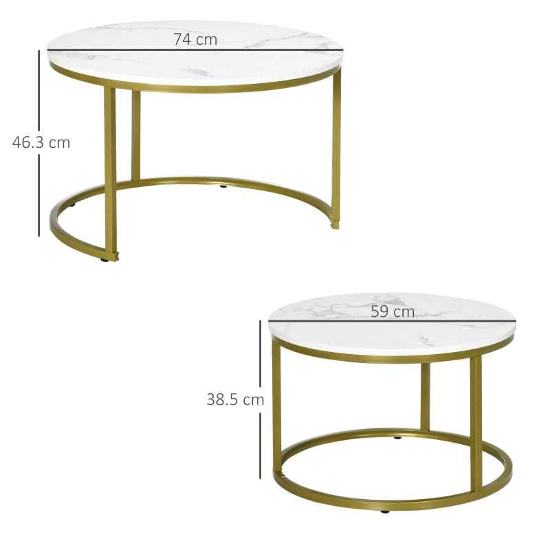 Coffee Table Set of 2, Round Nesting Tables, Faux Marble Top, Metal Frame, White, Modern Living Room Space-Saving Design