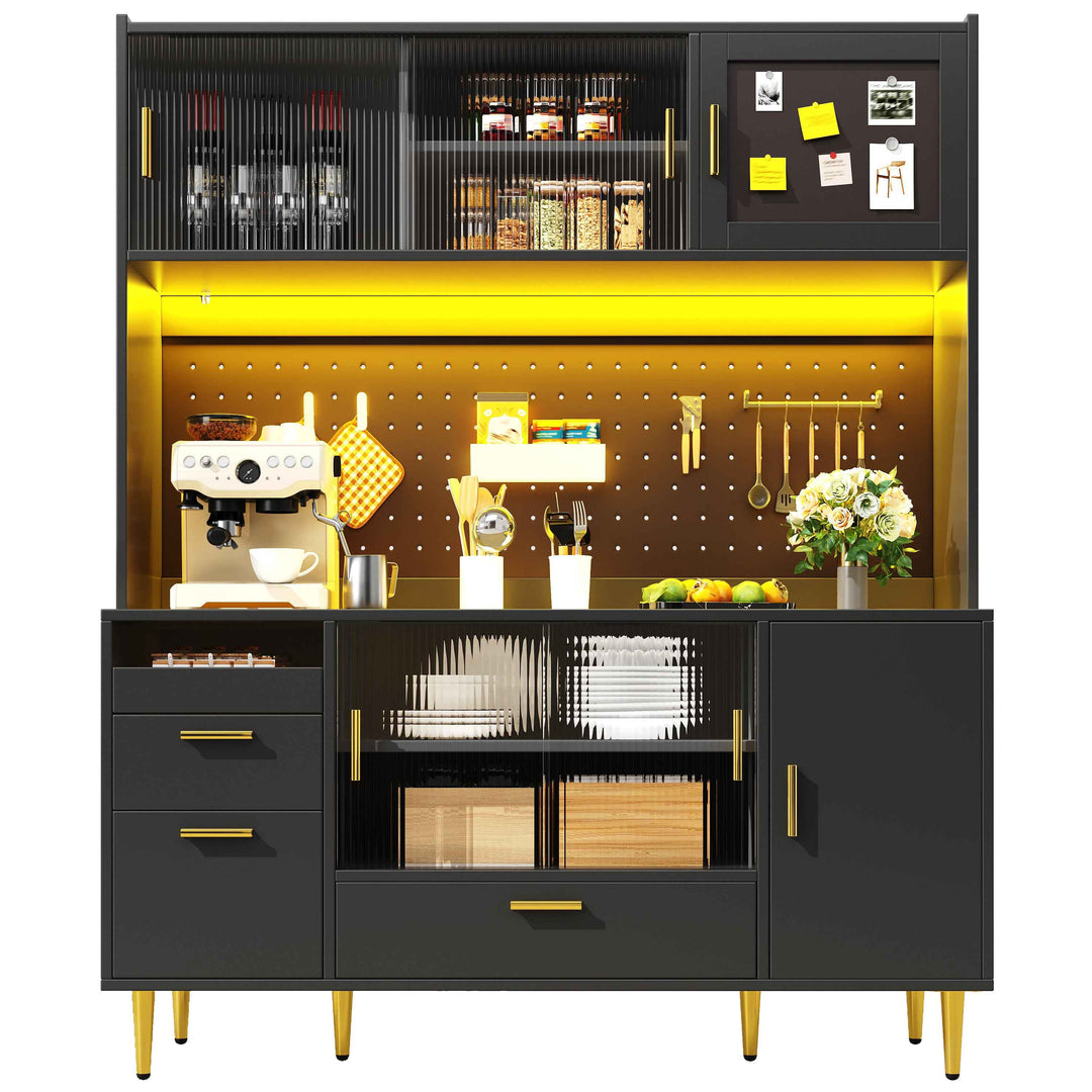 00+Tall Kitchen Cabinet with LED Lighting and Glass Sliding Doors, Adjustable Shelves, for Kitchen COMPACTVASE