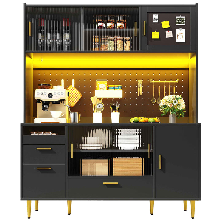 00+Tall Kitchen Cabinet with LED Lighting and Glass Sliding Doors, Adjustable Shelves, for Kitchen COMPACTVASE