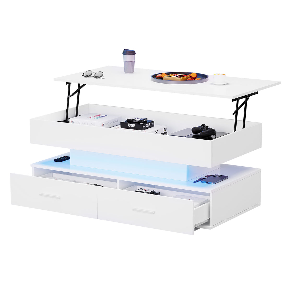 White lift-top coffee table with LED lighting and 2 drawers 100×50×44cm CYBERSPACE