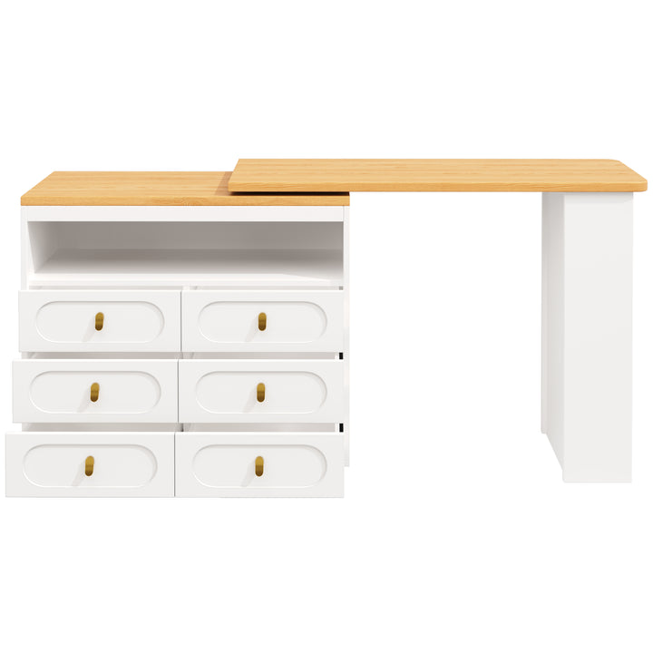 White 360° rotating extendable bar table with 6-drawer storage SYCAMOREBALL