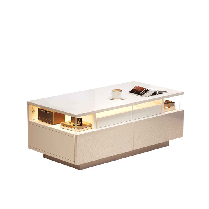White high gloss coffee table with LED lights, 2 drawers, pull-out tray FLAREVORNAX