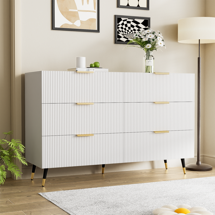 White and gold particle board storage sideboard with 6 drawers FERNGLADE UK