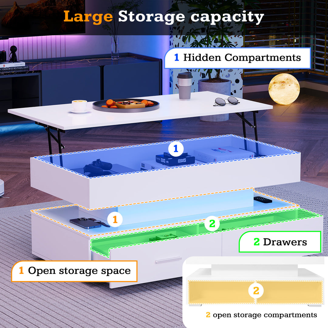 White lift-top coffee table with LED lighting and 2 drawers 100×50×44cm CYBERSPACE