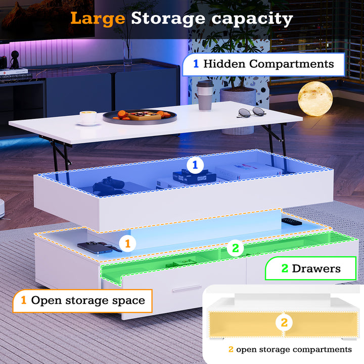 White lift-top coffee table with LED lighting and 2 drawers 100×50×44cm CYBERSPACE