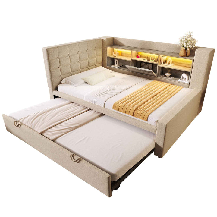 00+Modern Sofa Bed with Trundle 90 x 190 cm Linen Beige, LED Storage, USB & USB-C Charging VANITYFLOW