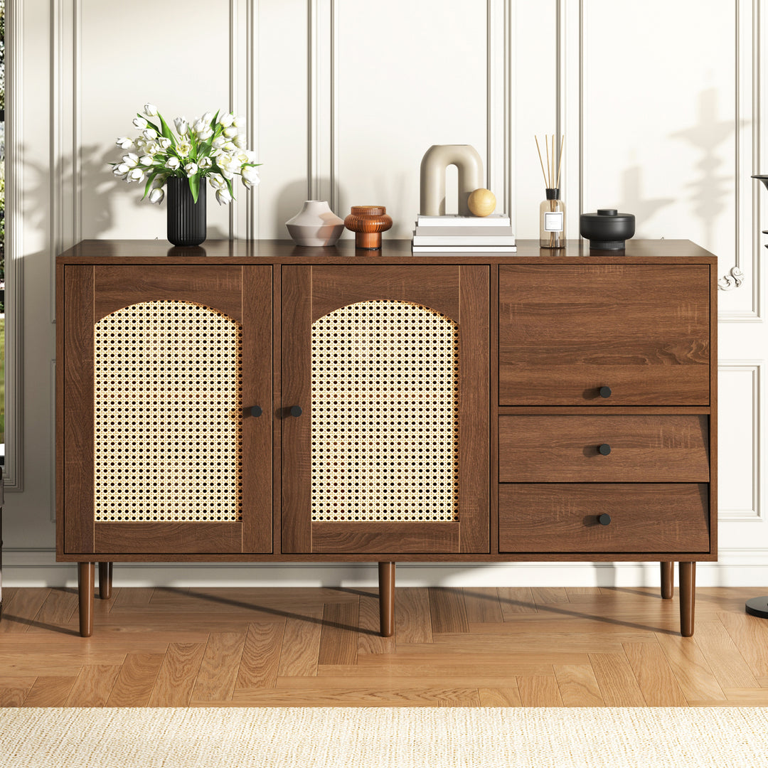 Wooden rattan sideboard vintage 3 doors 2 drawers 130x40x75.5cm SEAGRASSBED UK