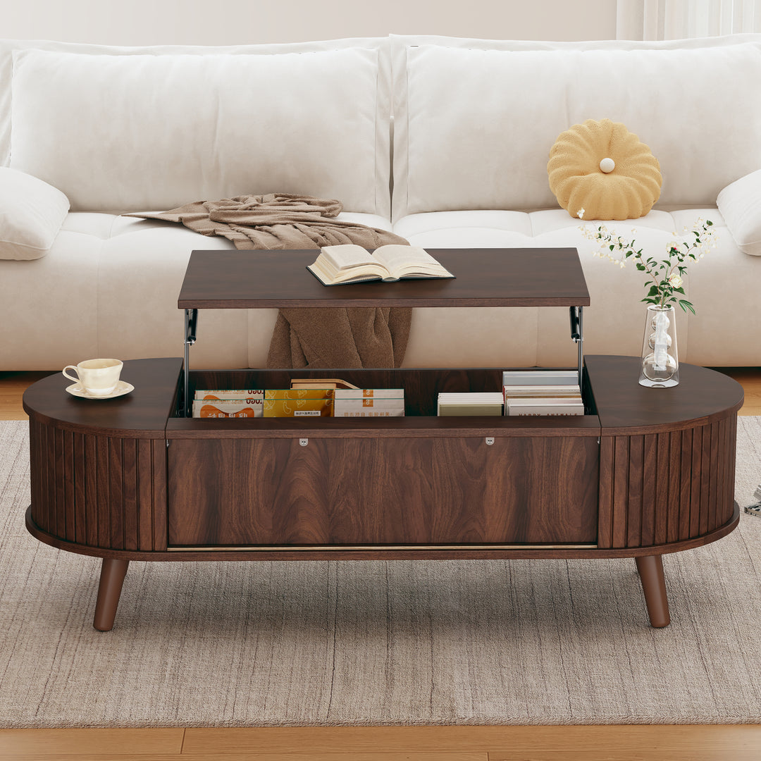 Lift Top Dark Wood Oval Coffee Table with Hidden Storage 120x50cm VASEEDGE