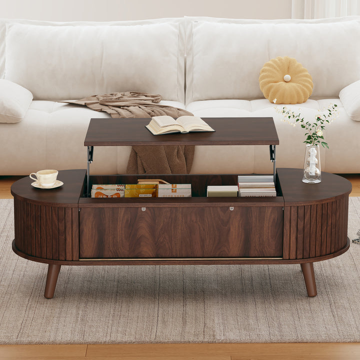 Lift Top Dark Wood Oval Coffee Table with Hidden Storage 120x50cm VASEEDGE