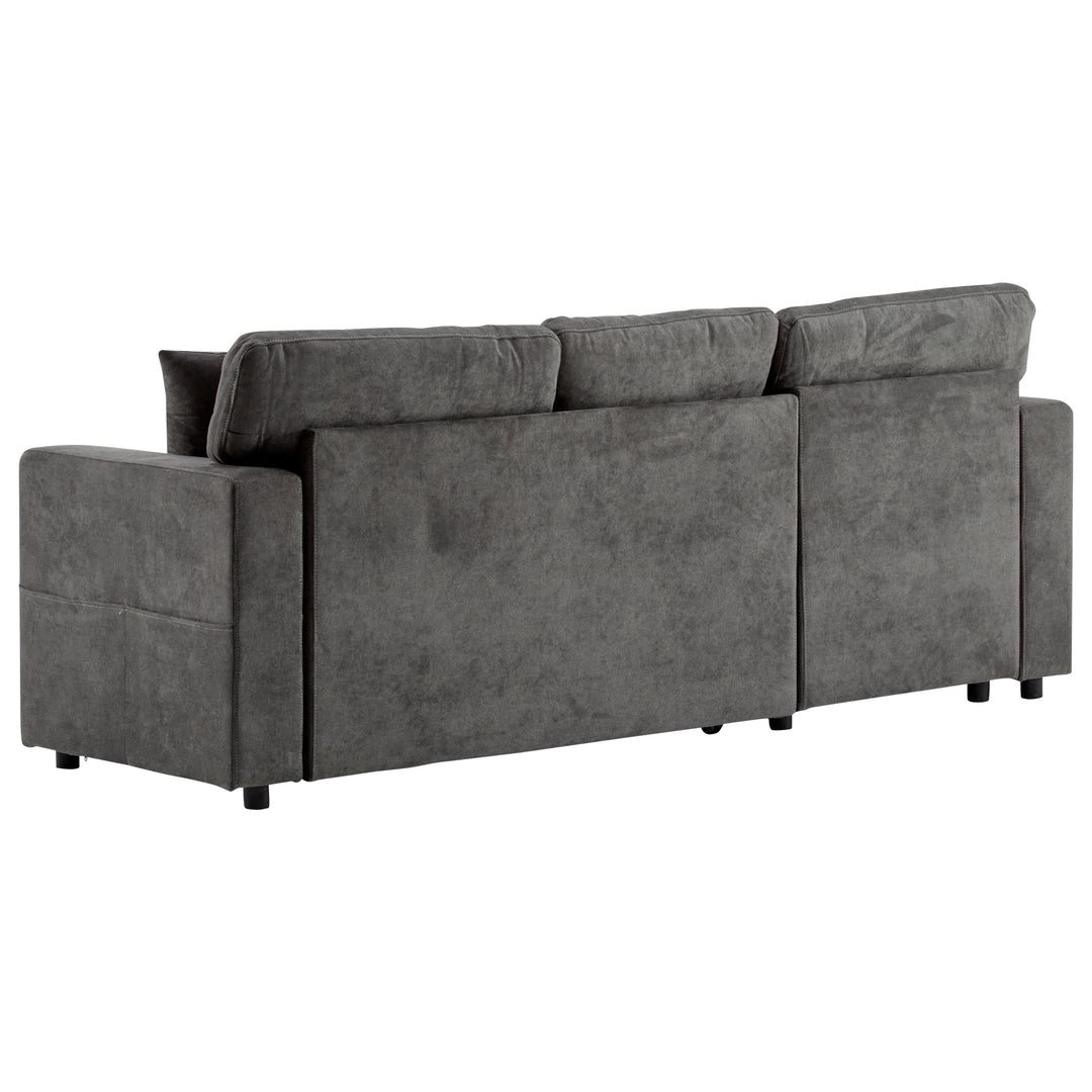 Grey L-shaped corner sofa bed, side shelf with integrated USB and storage VOLATILGAS